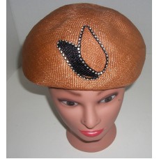 Light Brown Straw Beret Hat with Rhinestone Leaves on Front  eb-87177647
